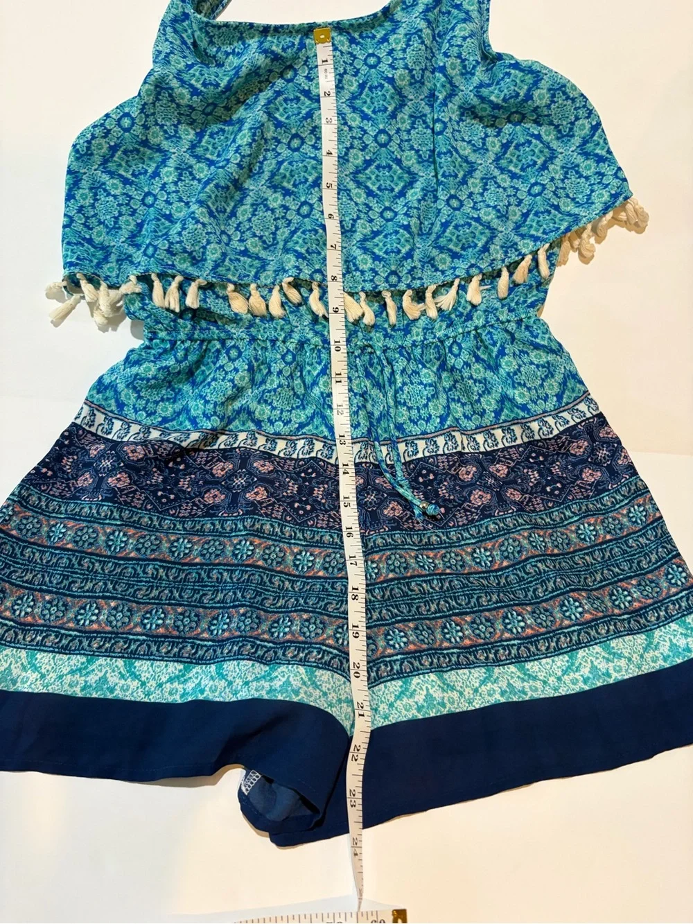 Speechless XL Blue Turquoise Boho Print Romper Tassel Layered Sleeveless
